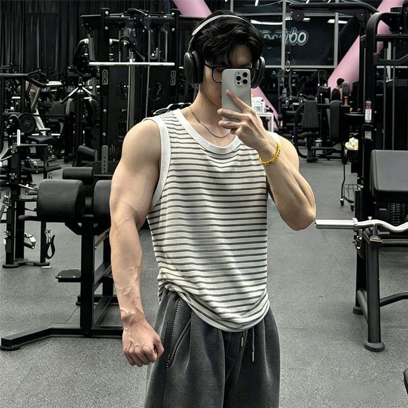 黑白条纹坎肩背心男款夏季潮牌痞帅无袖t恤透气速干美式运动汗衫图片