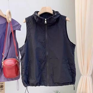 夏季新款韩系穿搭无袖马夹男女宽松轻薄防晒衣连帽马甲外套上衣潮