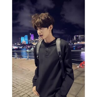 春夏痞帅黑色美式亨利领长袖t恤男华夫格硬挺卫衣高级感裤子套装