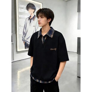 夏季高级感美式POLO衫假两件短袖男款格子拼接翻领t恤重磅半截袖