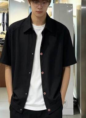 高智感夏季复古设计感排扣短袖衬衫男女潮牌宽松老钱风衬衣外套bf
