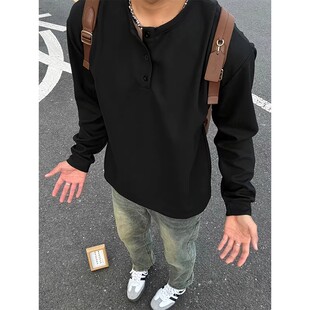 高级感裤子春夏痞帅黑色美式亨利领长袖t恤男华夫格硬挺卫衣套装