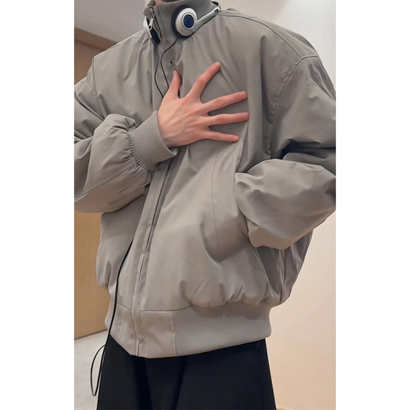 灰色立领飞行员夹克棉衣男秋冬季美式bomber外套廓形短款棒球棉服