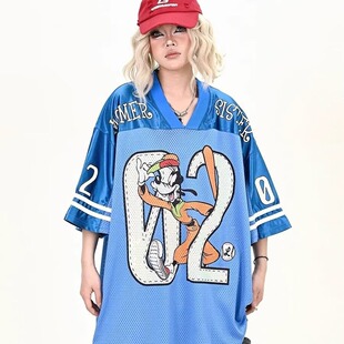 欧美夏季新款潮流休闲运动网眼V领短袖T恤男女潮牌情侣款拼接上衣