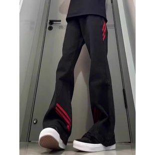 斜杠三条纹红黑撞色拼接显瘦微喇牛仔裤夏季设计感美式工装直筒裤