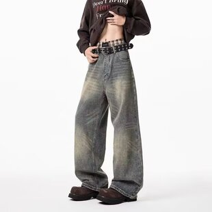 美式休闲复古水洗怀旧蓝牛仔裤男款痞帅高腰显瘦宽松直筒阔腿长裤