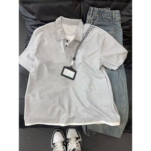 灰色美式假两件短袖男款polo衫夏高级感痞帅重磅t恤cleanfit半袖