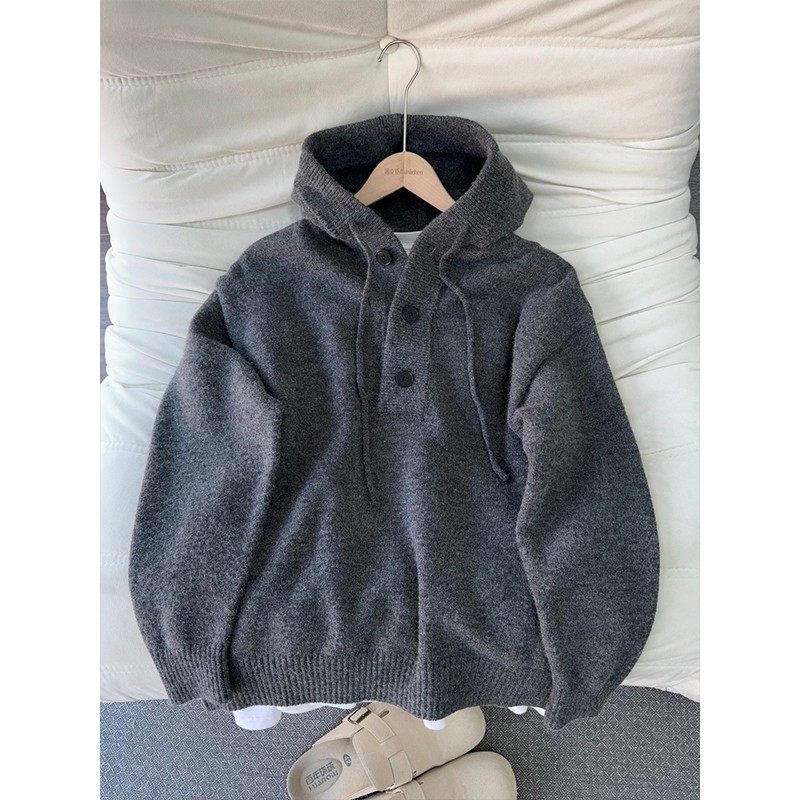 慵懒风美式复古V领毛衣男秋冬季cleafit连帽上衣高级感情侣针织衫