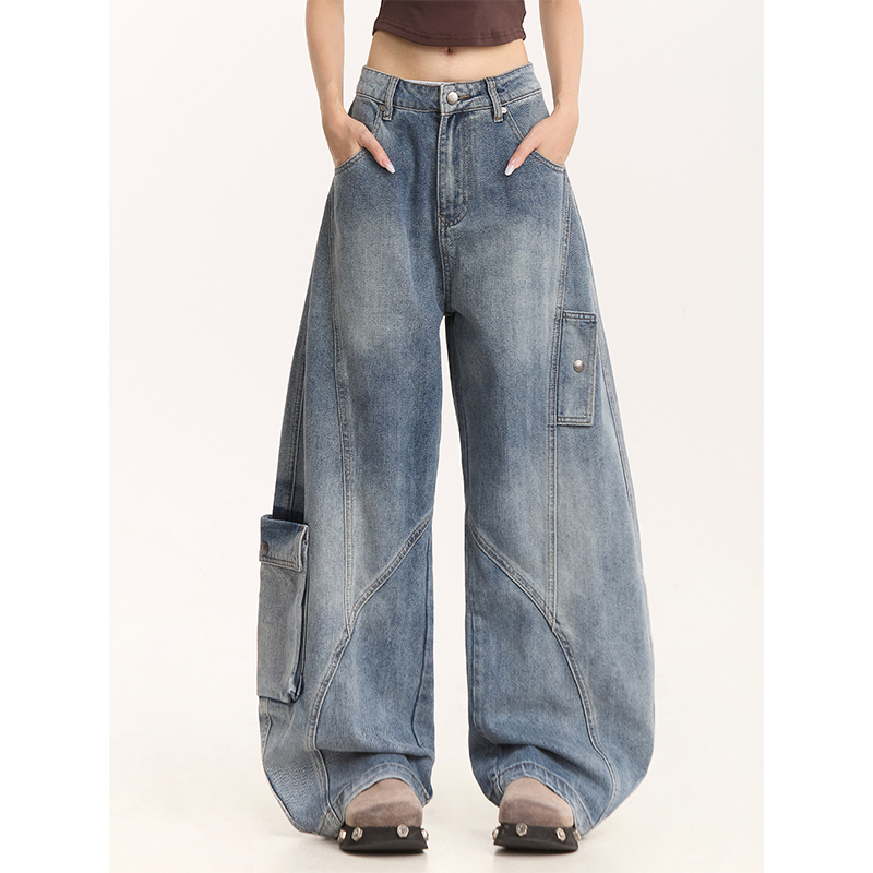 美式廓形弯刀牛仔裤男女秋冬季高街设计感裤子水洗直筒阔腿长裤子