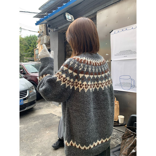 秋冬季新款法式古着费尔岛拼色条纹针织衫圆领百搭毛衣男女上衣潮