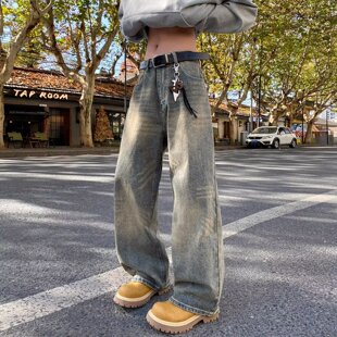 美式复古男款痞帅休闲水洗怀旧蓝牛仔裤设计显瘦宽松直筒阔腿长裤