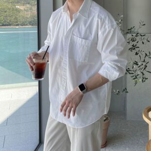 韩版百搭高级感长袖衬衫男夏季休闲简约纯色宽松百搭防晒衬衣外套