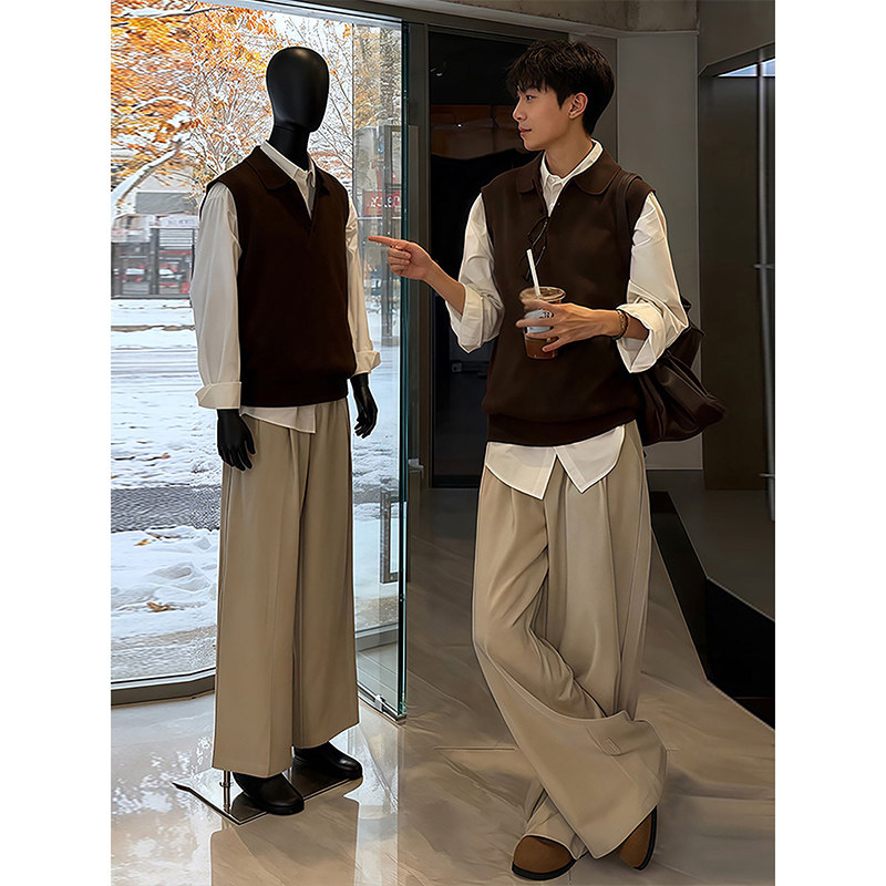 美拉德咖啡色polo衫毛衣背心男士春季无袖针织马甲老钱风叠穿外套