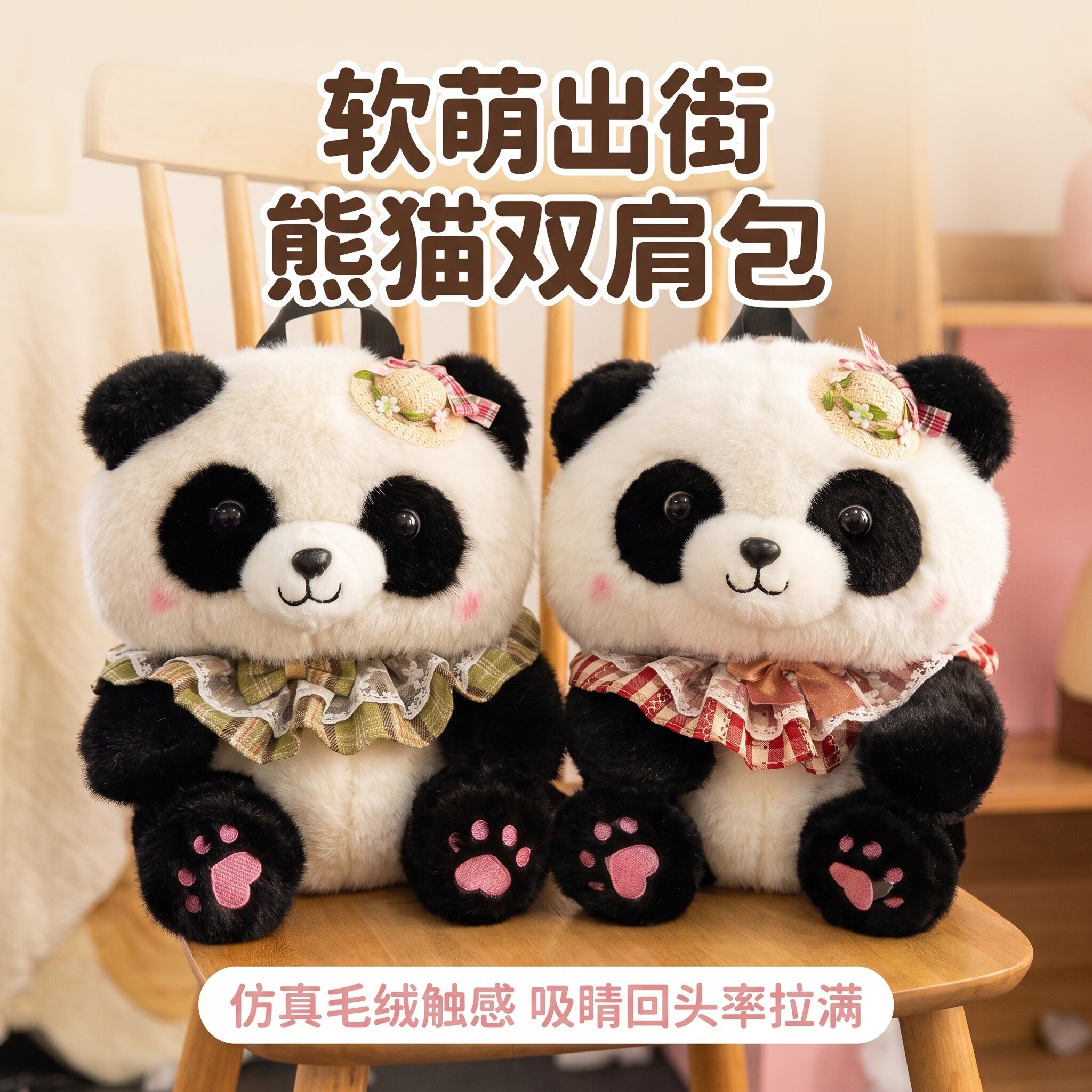 海边度假草帽熊猫双肩包