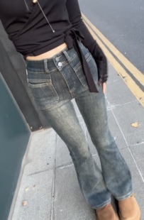 加绒加厚小个子女生微喇裤双排扣水泥灰显瘦显高九分微喇牛仔裤女