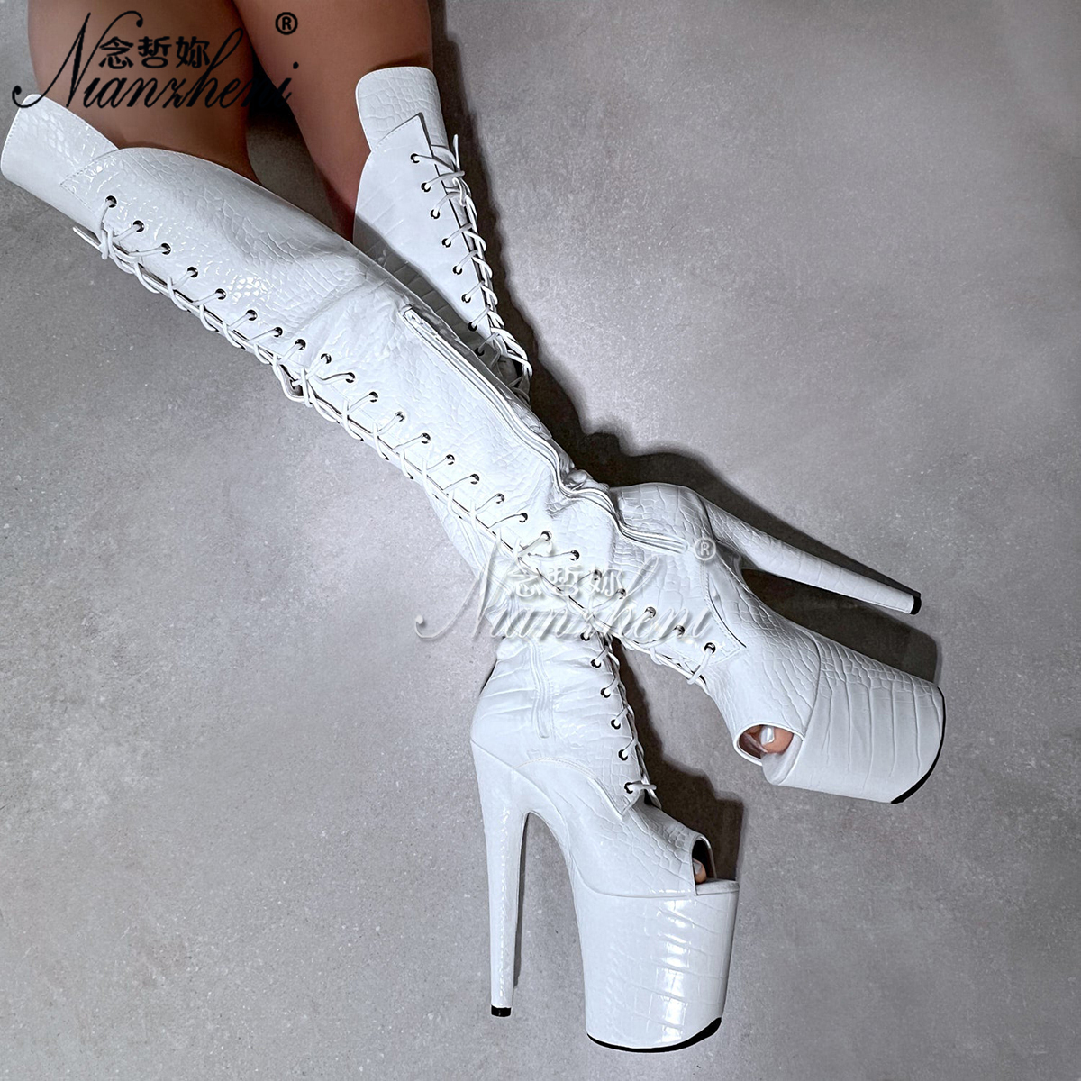 恨天高女防水台大码过膝长靴20厘米超高跟鞋细跟模特走秀舞台演出