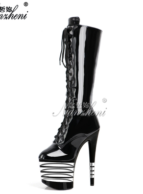 20厘米超高跟鞋黑色漆皮高筒靴透明条纹厚底绑带不过膝长靴钢管舞
