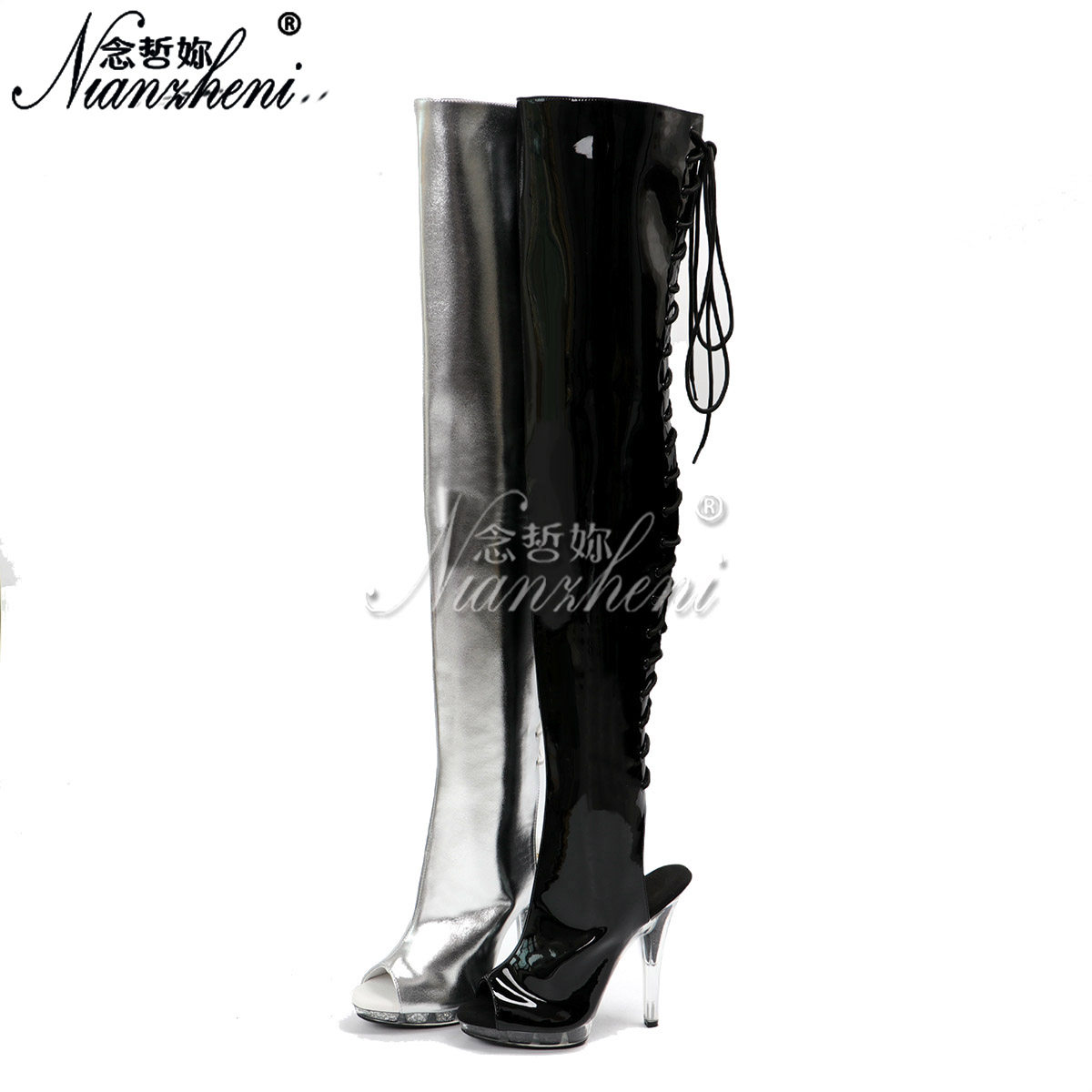 13cm高跟鞋超高细跟防水台大码系带镂空过膝长靴模特走秀不累脚女