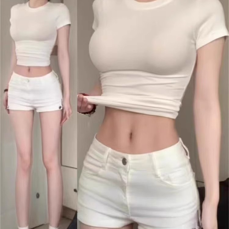 小众侧边拉链紧身牛仔短裤女