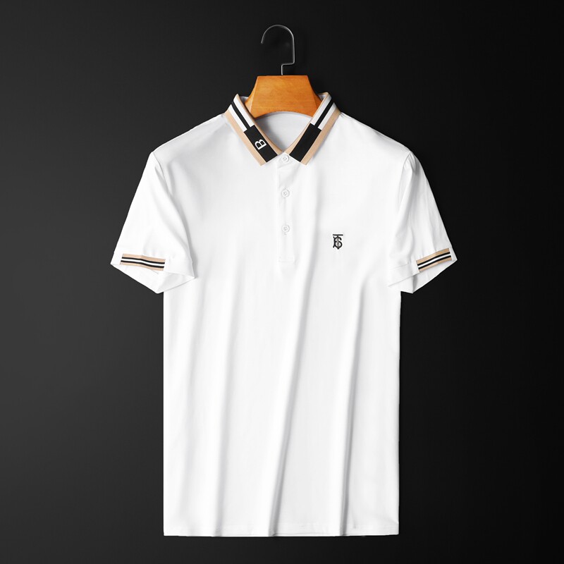 欧洲站男装短袖T恤夏季巴宝莉纯色潮牌TB刺绣商务翻领半袖TPOLO衫