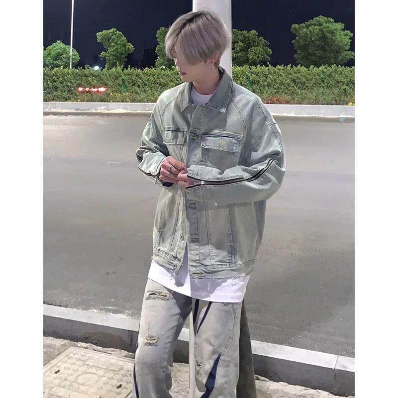 봄과 가을 노란색 진흙 데님 재킷 소년 유행 브랜드 루즈하고 잘생긴 청소년 재킷 정장과 완전한 세트