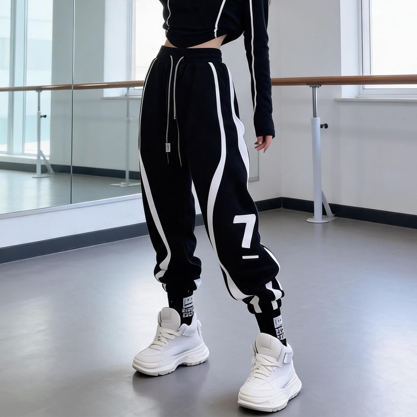 时尚拼接束脚卫裤女宽松高腰运动裤嘻哈舞蹈裤秋冬加绒撞色休闲裤