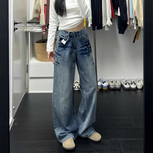 美式复古铆钉阔腿牛仔裤女春夏薄款高腰时尚设计感宽松显瘦直筒裤
