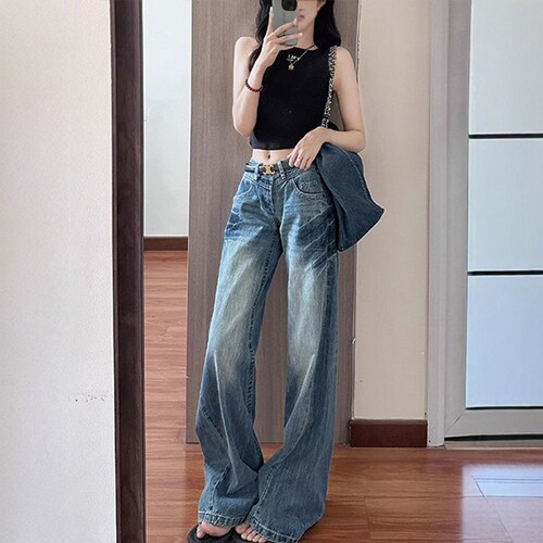 复古水洗蓝阔腿牛仔裤女薄款美式高街辣妹显腿长喇叭裤拖地长裤子