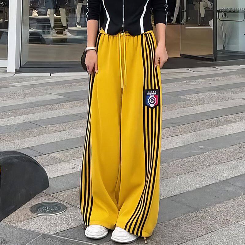条纹运动裤女春秋季2024新款阔腿直筒裤休闲裤潮流美拉德宽松卫裤