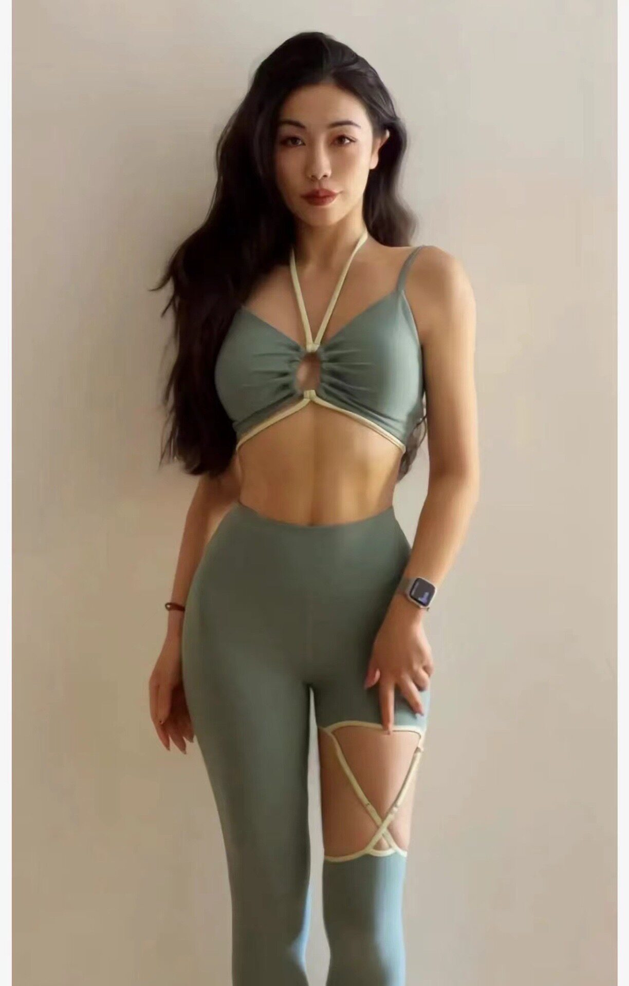 香榭丽舍/法式腿带裸感瑜伽套装运动健身不规则绑带弹力高腰提臀