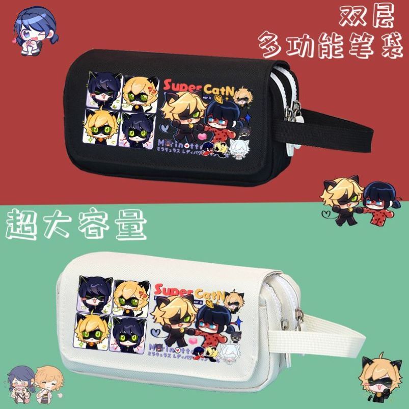 Ladybug瓢虫动漫周边笔袋雷迪玛丽娜黑猫诺儿男女学生双层文具盒