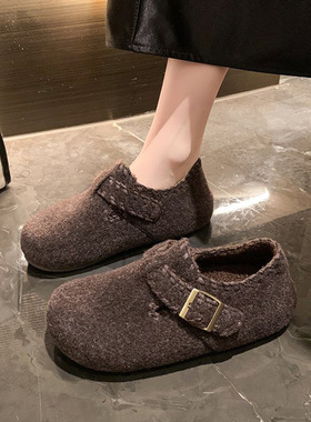 羊毛版~内增高4cm勃肯鞋女一脚蹬毛呢加绒棉鞋懒人单鞋全包博肯鞋