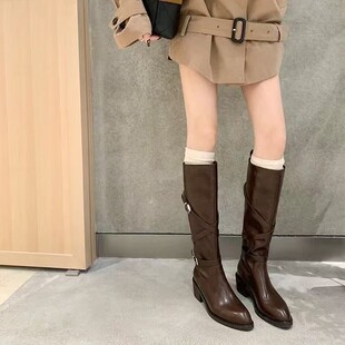 【sheii苏茵茵二妹扣子靴~尖头复古粗跟真皮骑士靴机车女长筒靴