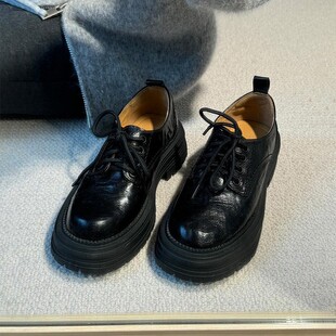 羊皮版~厚底英伦真皮系带小皮鞋女百搭复古学院风粗跟圆头乐福鞋