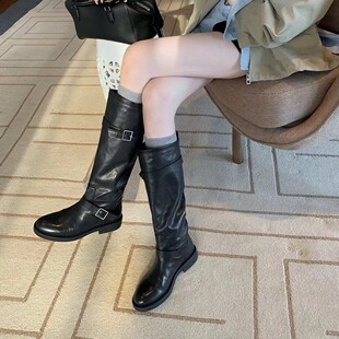 真皮厚底高筒骑士靴显瘦修饰腿型长筒靴子皮带扣粗跟不过膝长靴女
