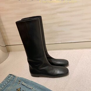 葡萄妈studiolee 极简主义羊皮版直筒一脚蹬平底中筒骑士靴女