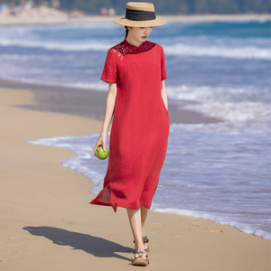 2026春夏新款文艺风旗袍改良苎麻刺绣短袖立领中国风盘扣连衣裙女