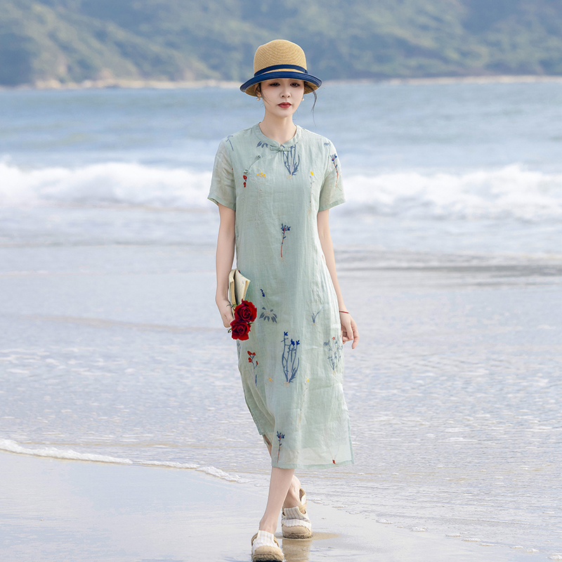 高端纯苎麻连衣裙女2025新款夏季新中式改良旗袍刺绣短袖碎花裙子
