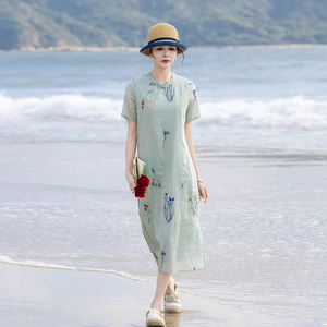 高端纯苎麻连衣裙女2026新款夏季新中式改良旗袍刺绣短袖碎花裙子