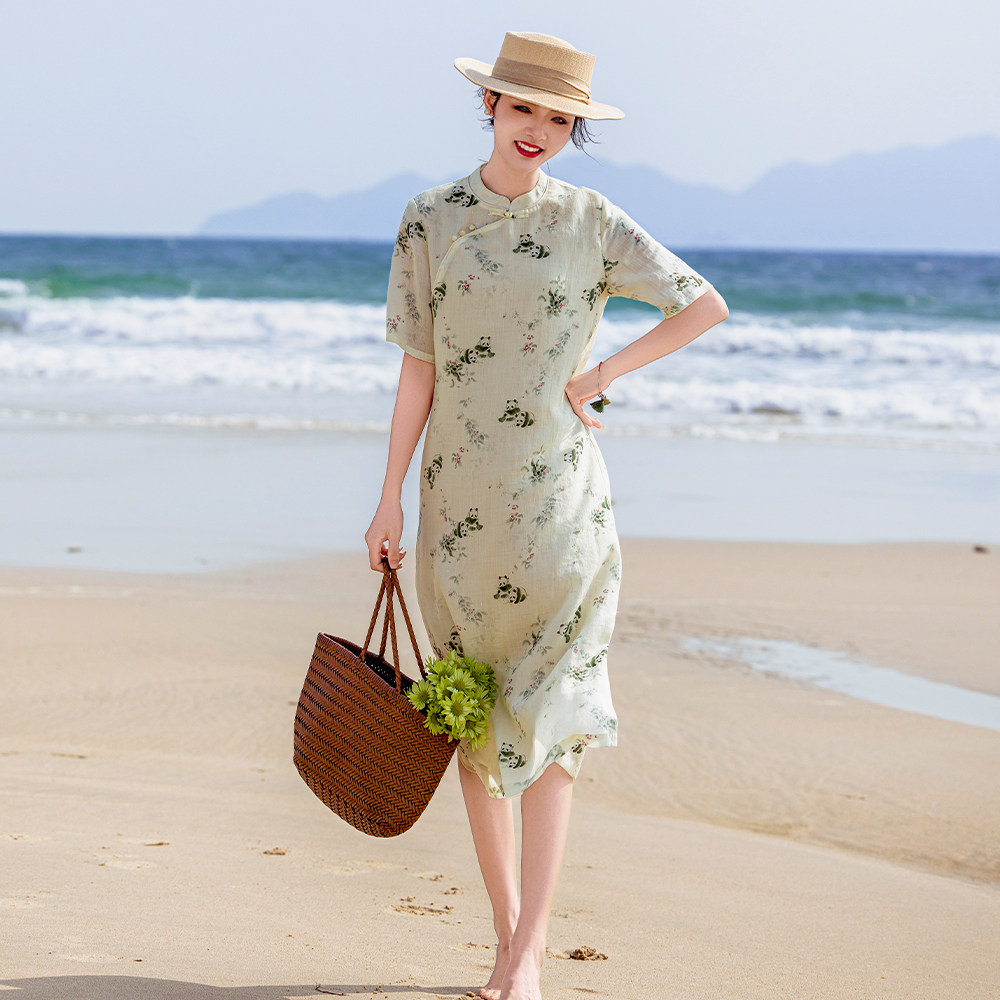 原创新中式改良旗袍女2026春夏季新款碎花苎麻连衣裙开叉盘扣茶服 - 淘宝联盟商品