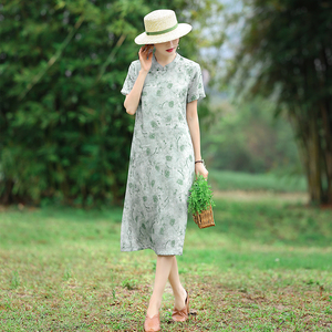 2026春夏新款苎麻连衣裙女中长款宽松显瘦气质文艺复古印花旗袍裙