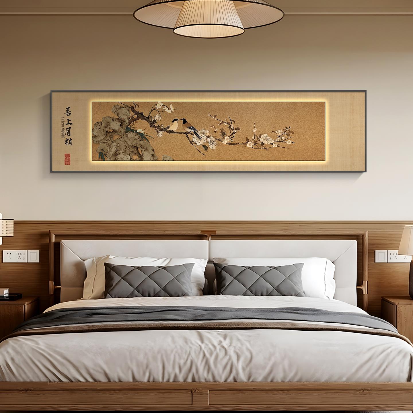 喜上枝头卧室床头挂画新中式宋代美学花卉主卧横幅装饰画客厅壁画图片