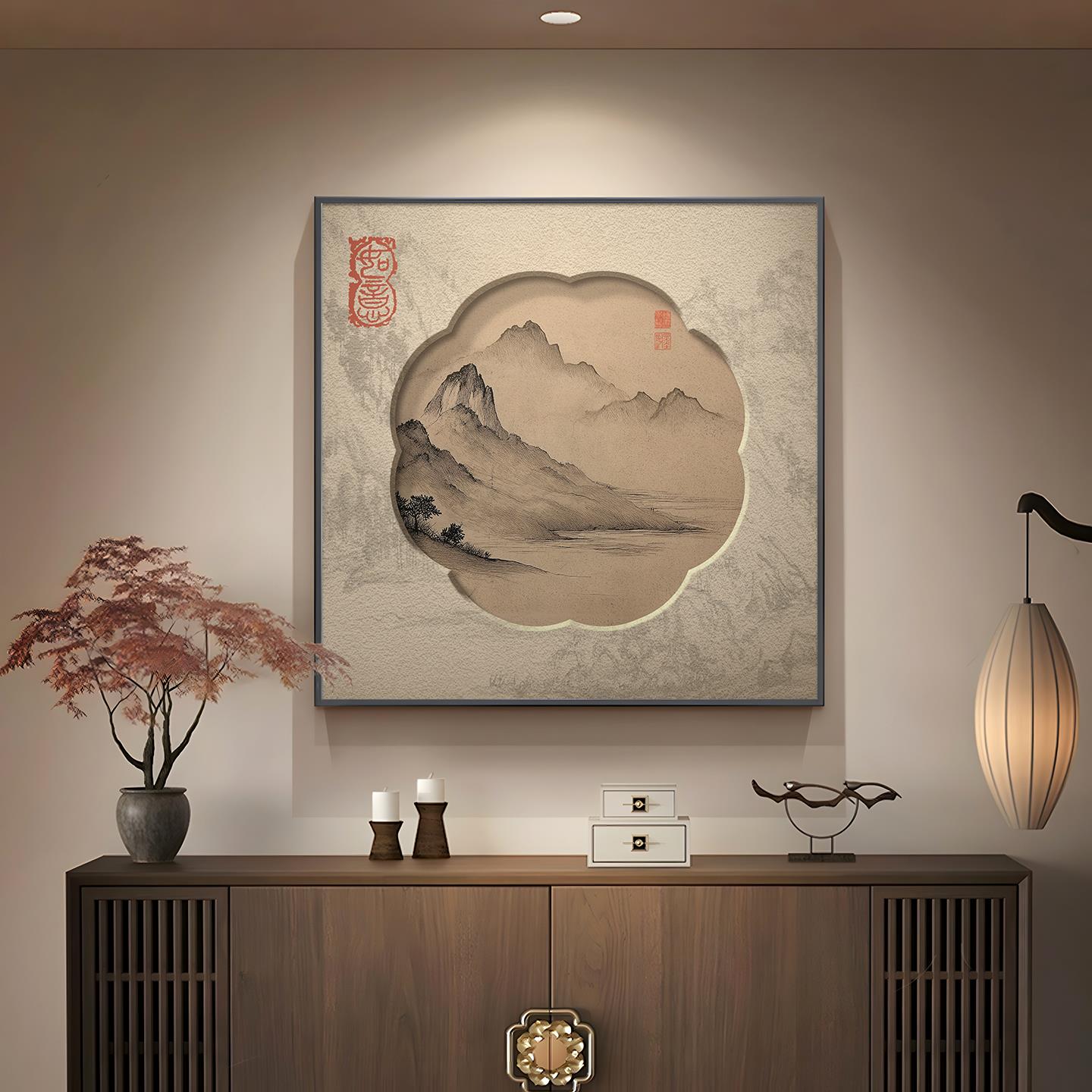 宋代美学茶室挂画新中式方形组合玄关装饰画山水画水墨画书房壁画图片
