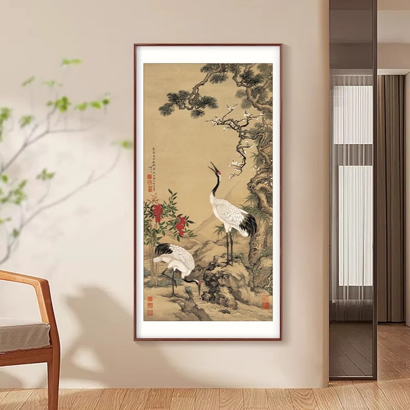 松鹤延年仙鹤图新中式客厅玄关挂画古画听琴图茶室书房装饰画竖版
