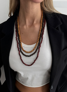 新款复古名族风木珠串珠叠戴项饰欧美风男女通用项链