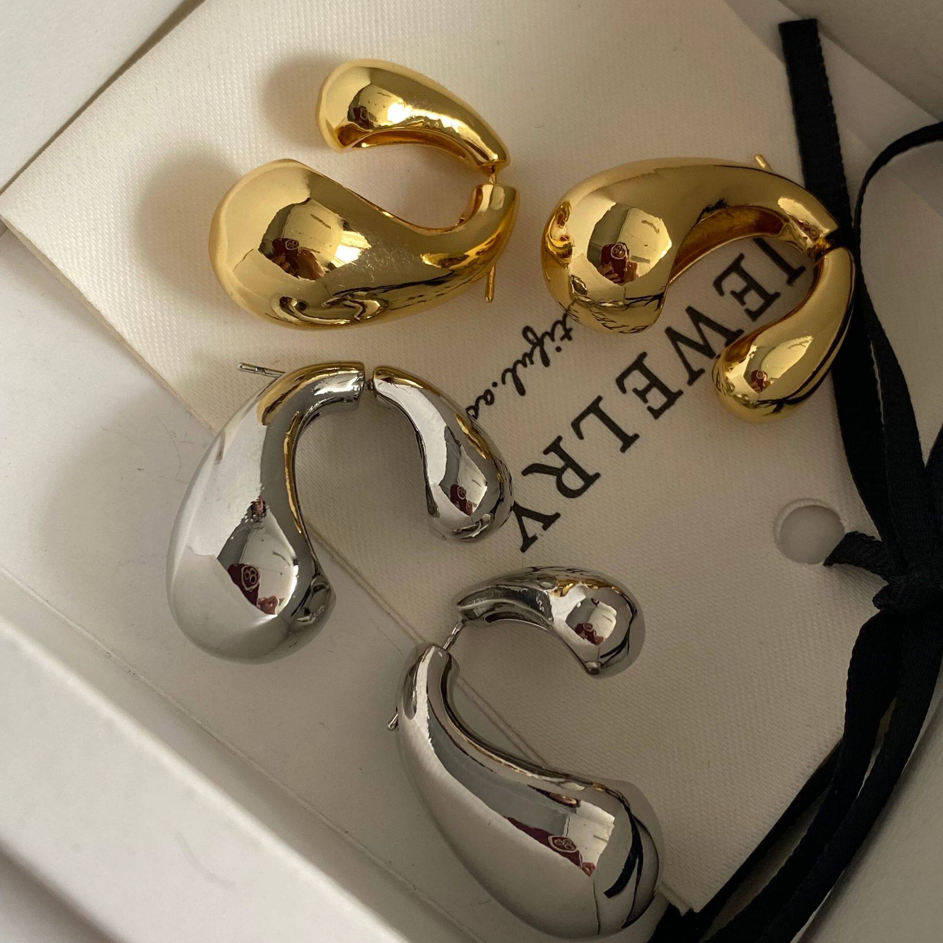 925银针黄铜真金电镀小众设计前后戴大小胖水滴金属耳环两戴耳饰