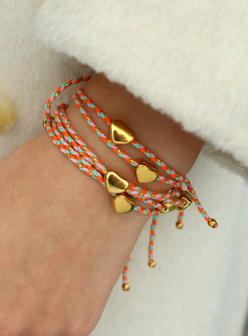 新款桃心吊坠彩色编织棉绳情侣手链 民族度假风钛钢饰品