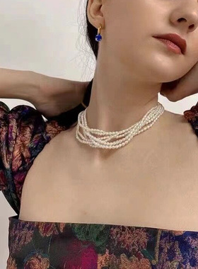 欧美超仙米粒多层叠带珍珠项链女气质优雅毛衣链锁骨链高级感颈链