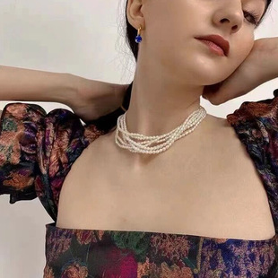 欧美超仙米粒多层叠带珍珠项链女气质优雅毛衣链锁骨链高级感颈链