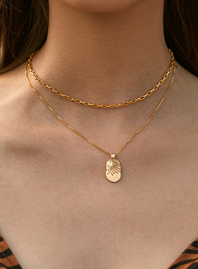 铜镀18K真金保色双层链条盒子链小众高级感项链法式铜牌太阳项饰